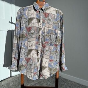 VTG 90s Bloom 100% Silk Abstract Geometric Button Up Shirt Mens M Art Print